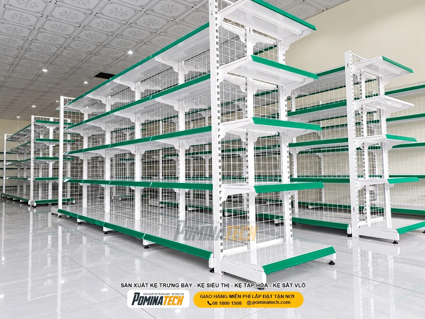 Bố trí kệ siêu thị 5 tầng sát tường giúp mở rộng lối đi trong cửa hàng