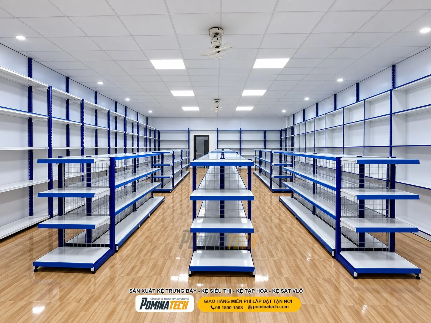 - Chân đế kệ siêu thị có khả năng điều chỉnh giúp cân bằng trên mặt sàn