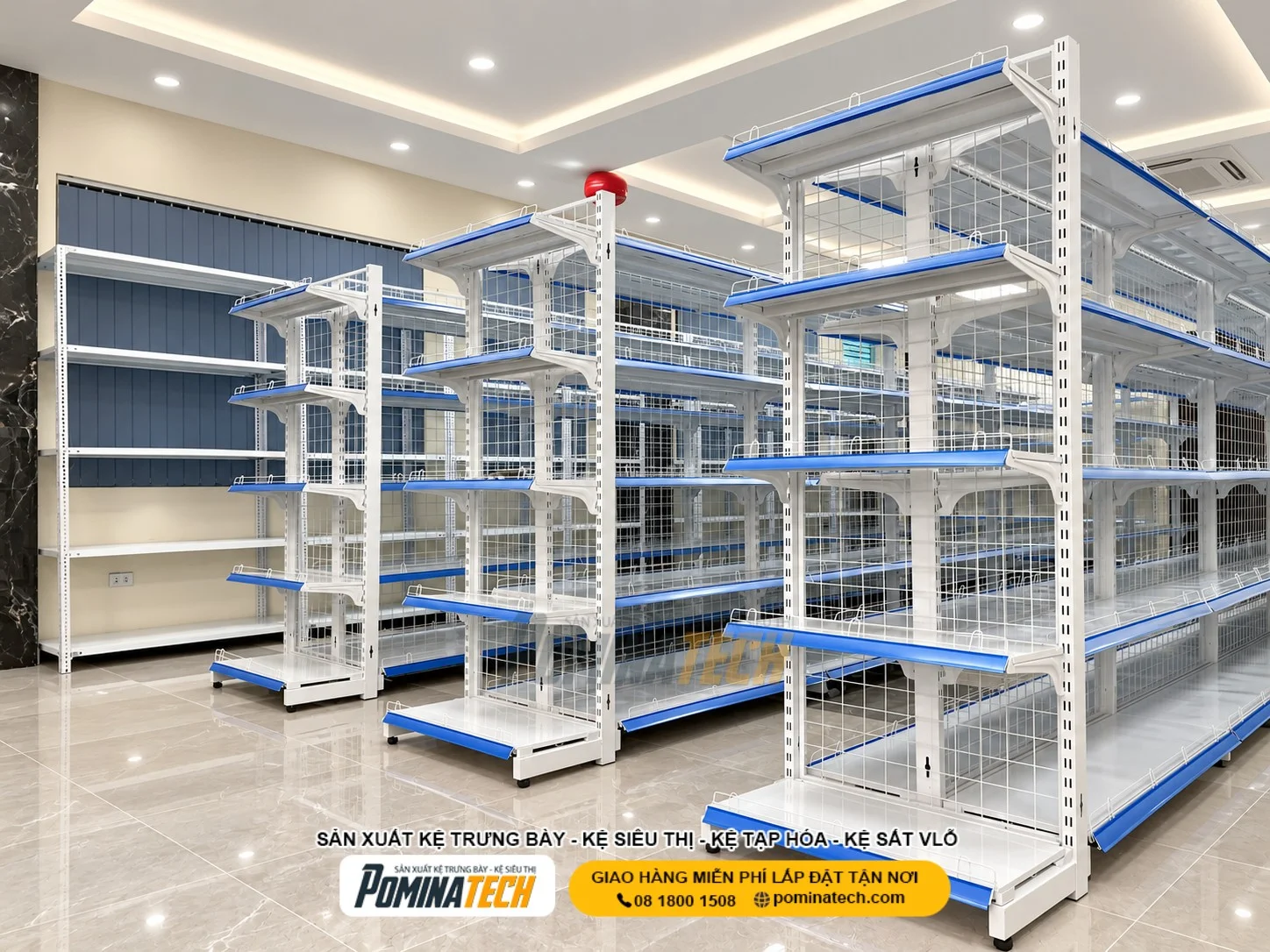 Giải pháp bố trí kệ trưng bày khoa học cho siêu thị mini tại Pominatech.