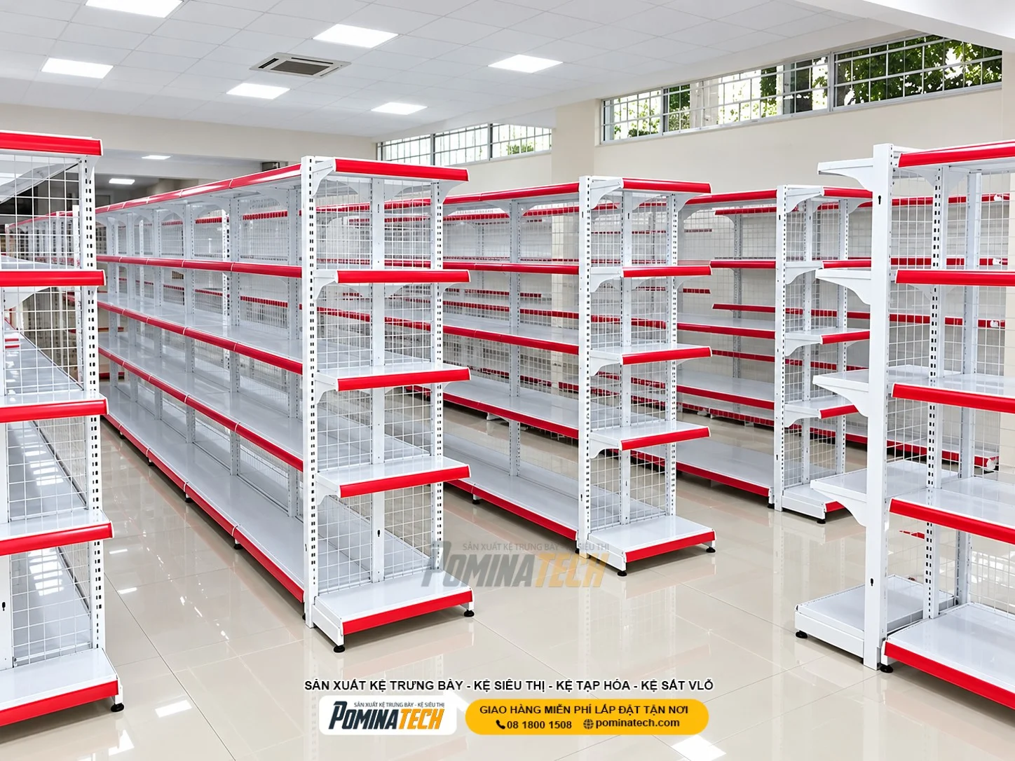 - Hệ thống kệ siêu thị hai mặt độc lập tạo lối đi mua sắm khoa học và thuận tiện.