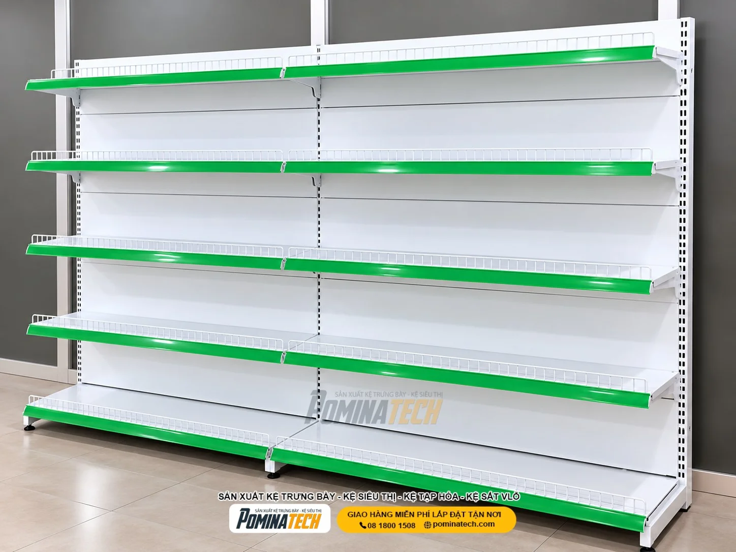Hệ thống kệ siêu thị đơn và đôi được bố trí khoa học trong siêu thị mini