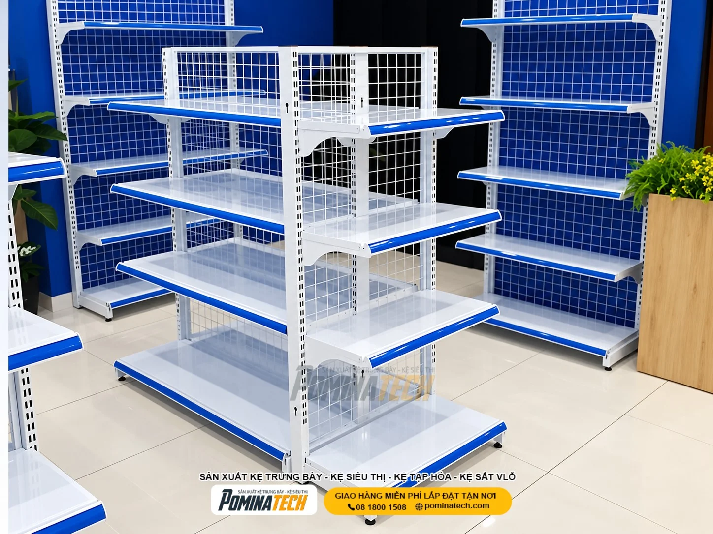 Hệ thống kệ siêu thị thiết kế theo mặt bằng phù hợp với hành trình mua sắm của khách hàng.