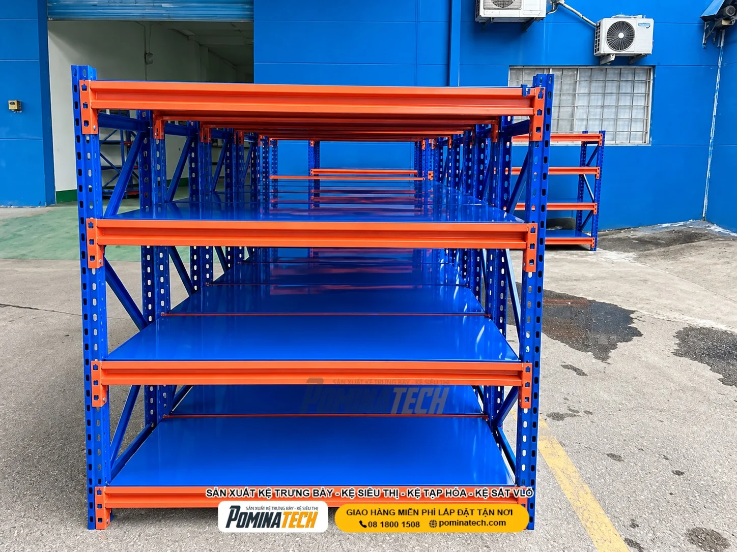 Hệ thống kệ trung tải Pominatech hỗ trợ lưu trữ hàng hóa khi đơn hàng tăng mạnh.