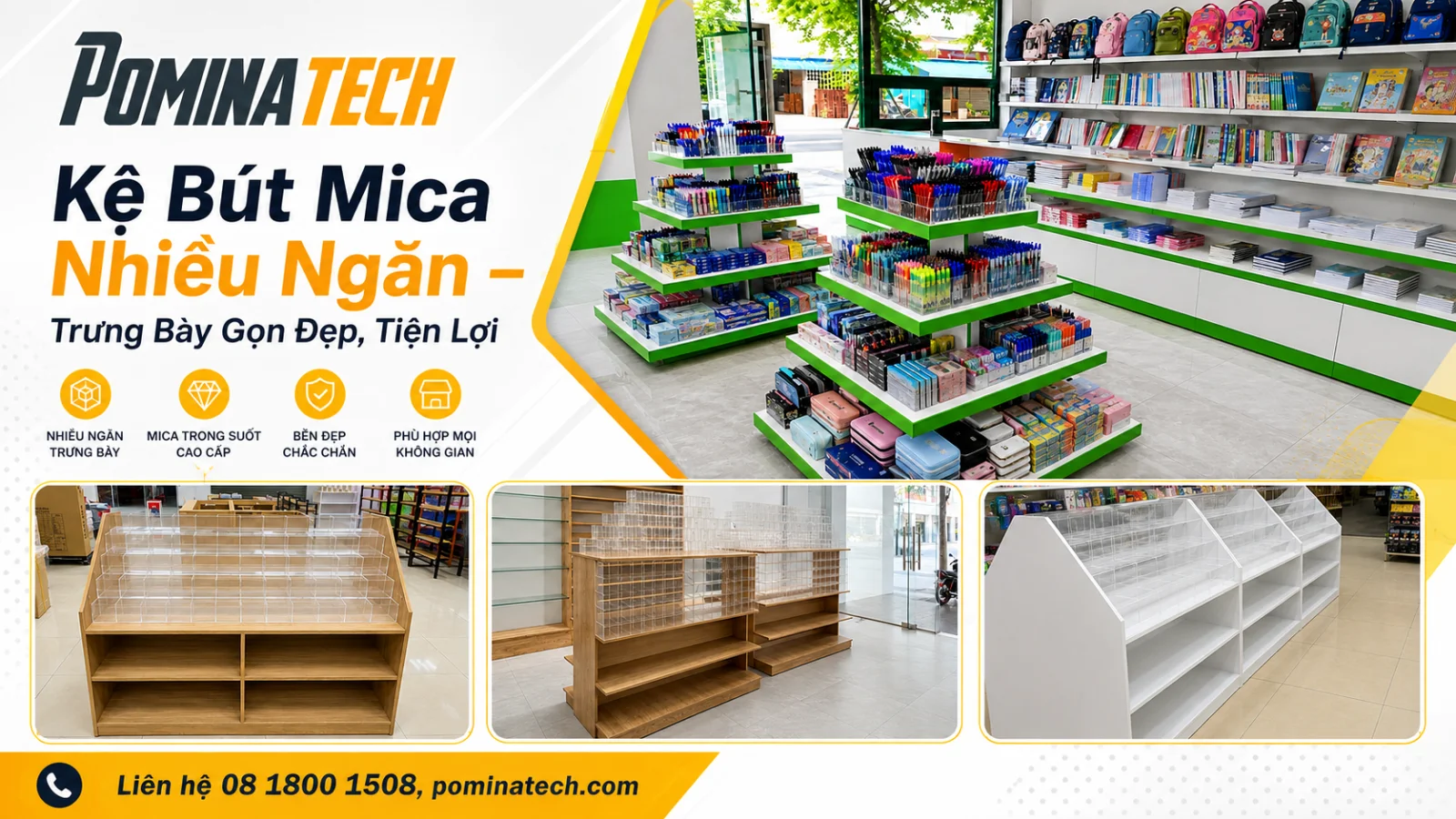 Kệ bút mica nhiều ngăn trưng bày gọn đẹp cho cửa hàng