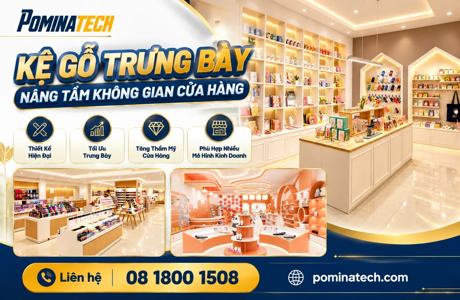 Kệ gỗ trưng bày cao cấp tạo điểm nhấn cho không gian kinh doanh