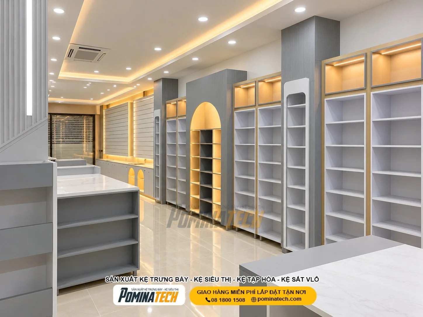 Kệ gỗ trưng bày cửa hàng thiết kế sang trọng và tiện dụng