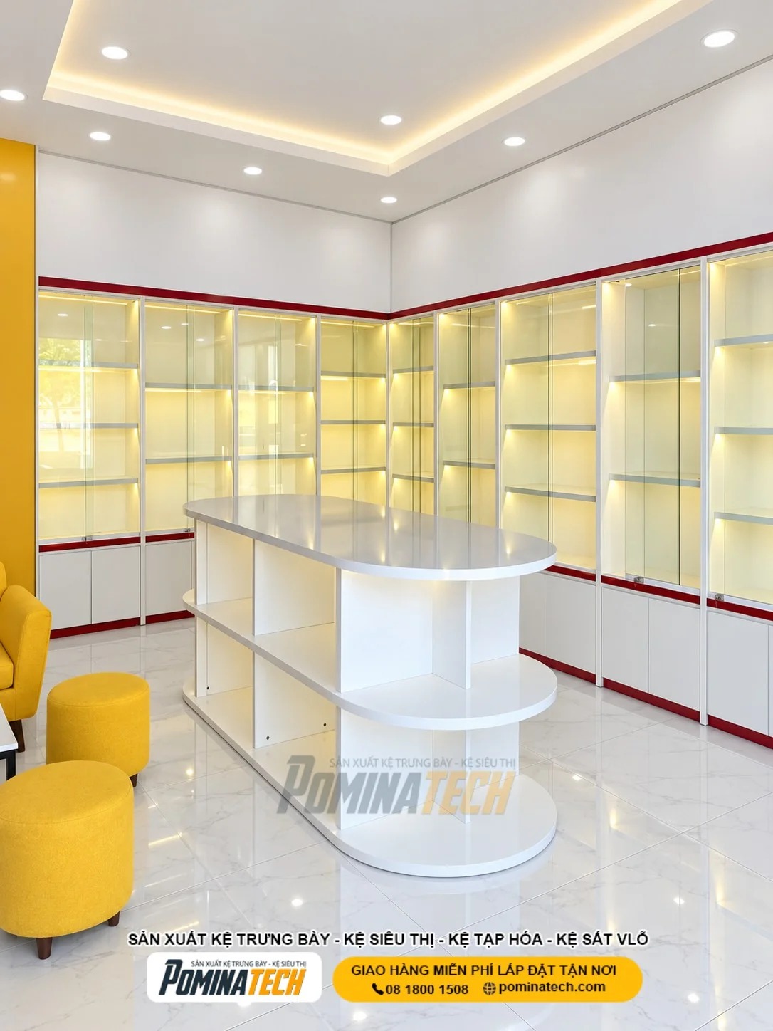 Kệ gỗ trưng bày sản phẩm giúp nâng tầm không gian cửa hàng hiện đại