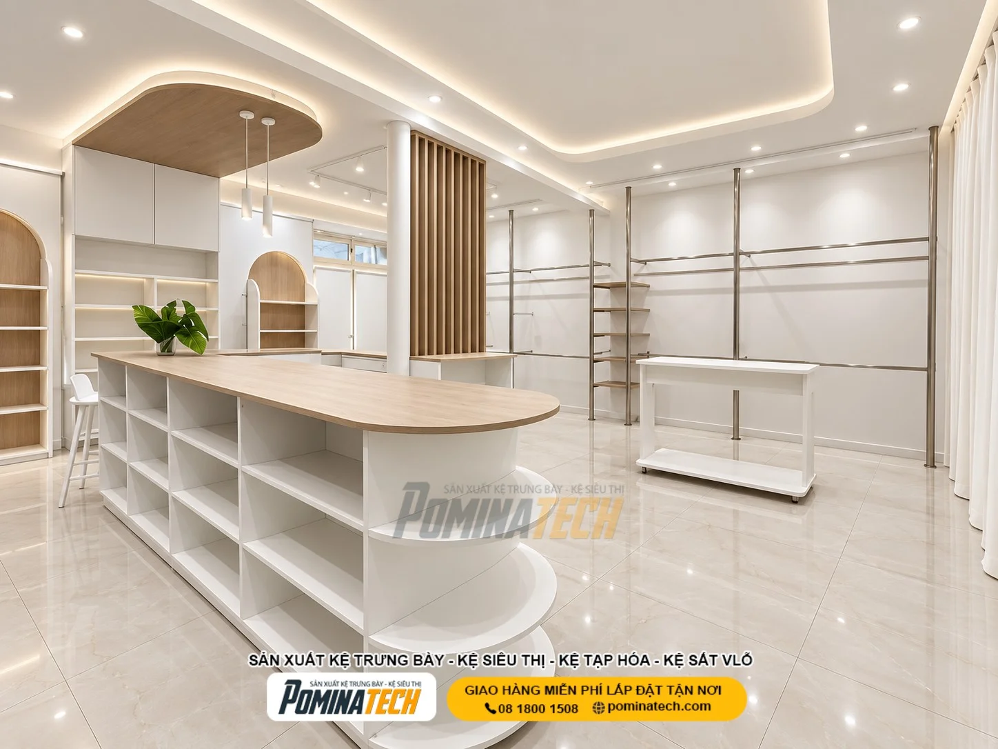 Kệ gỗ trưng bày shop thời trang, mỹ phẩm và cửa hàng tiện lợi