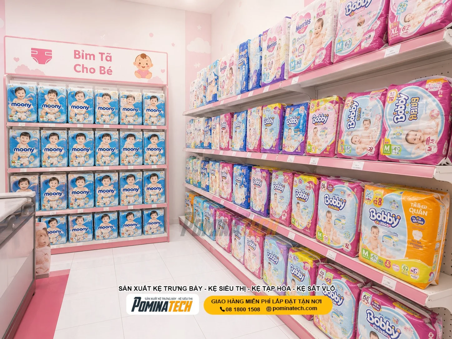 Kệ Gỗ Trưng Bày Tã Bỉm Đẹp Cho Shop Mẹ Và Bé Hiện Đại