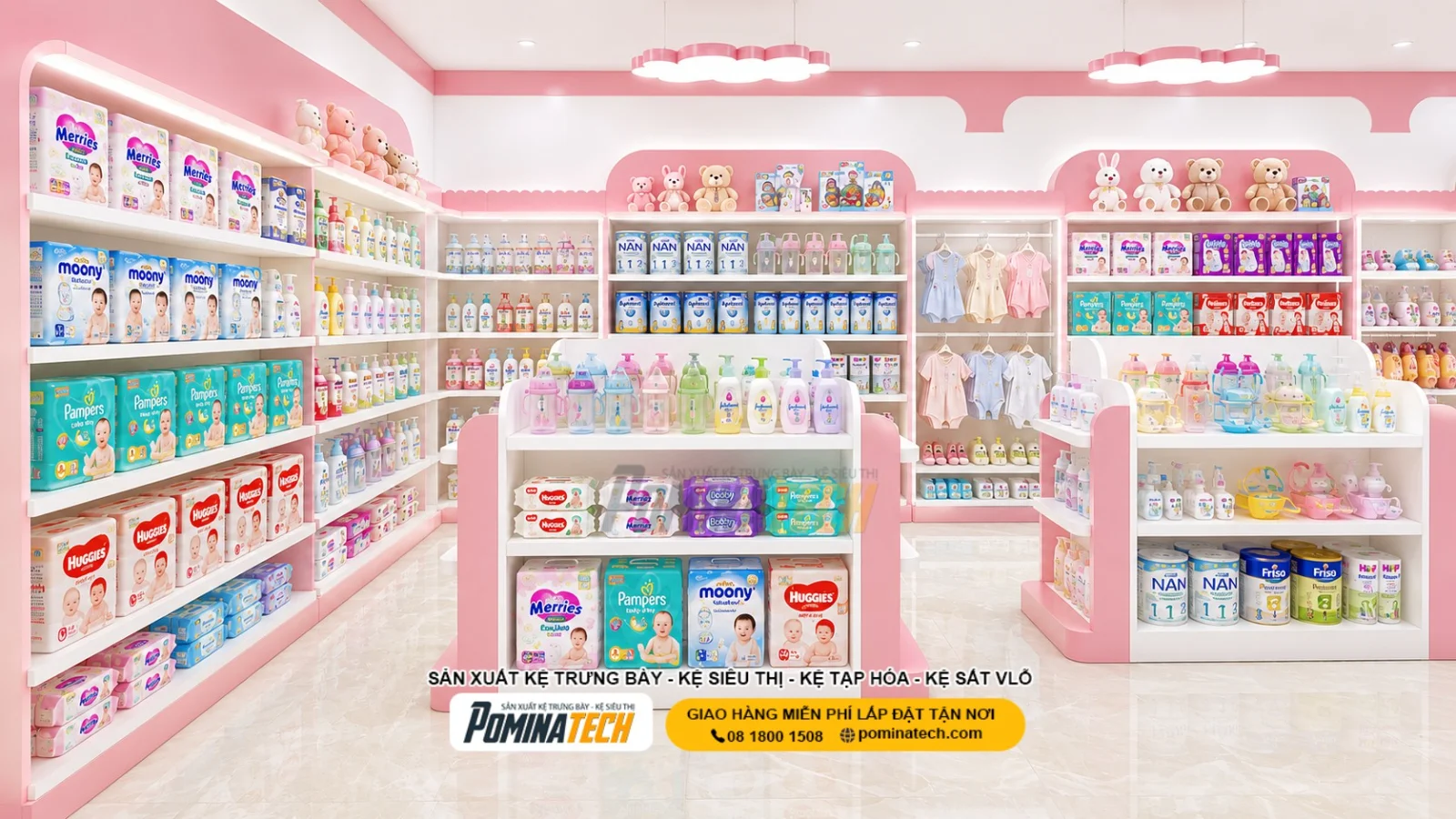 Kệ Gỗ Trưng Bày Tã Bỉm Đẹp Cho Shop Mẹ Và Bé Hiện Đại