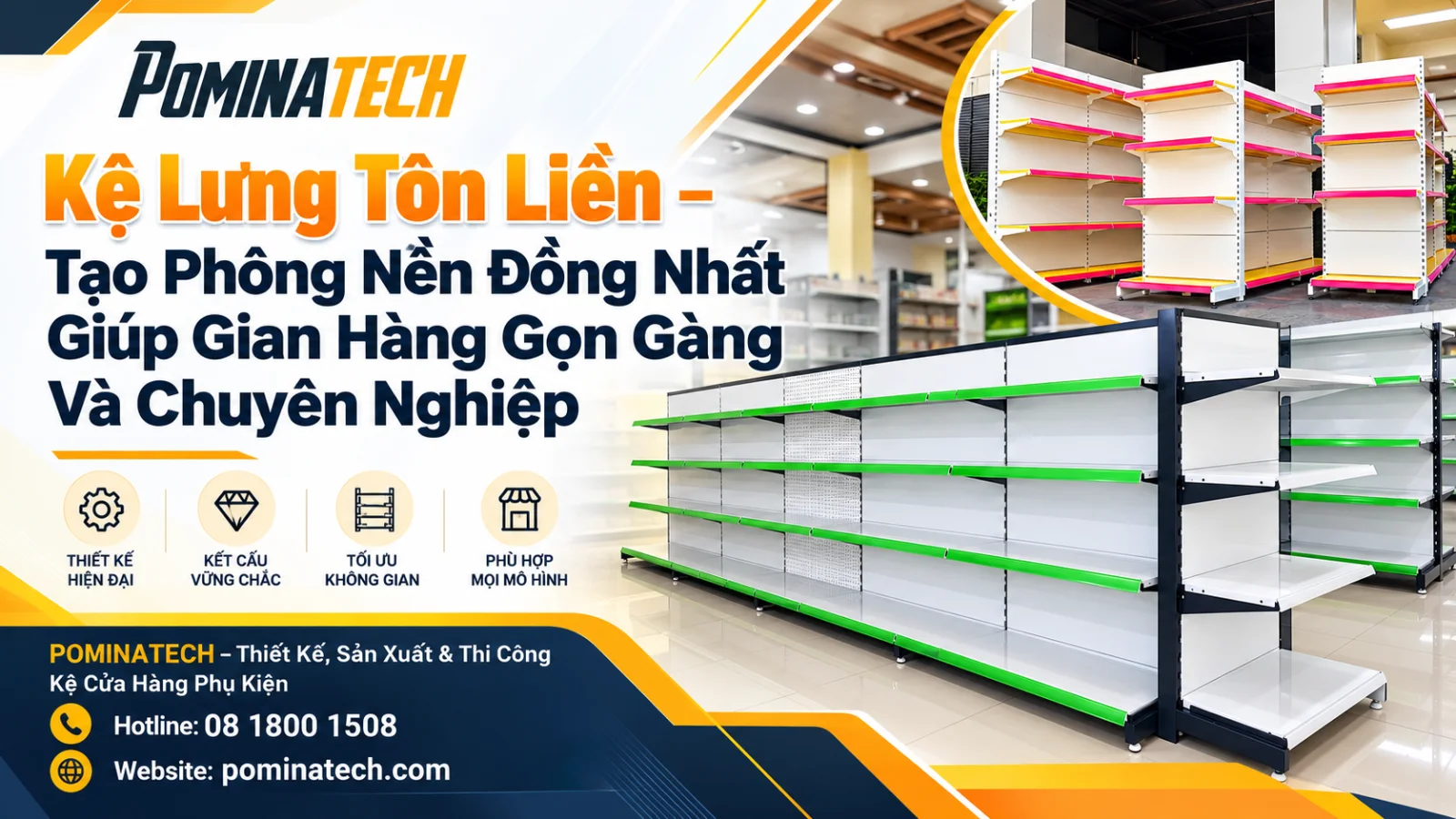 Kệ lưng tôn liền Pominatech tạo phông nền đồng nhất cho gian hàng hiện đại