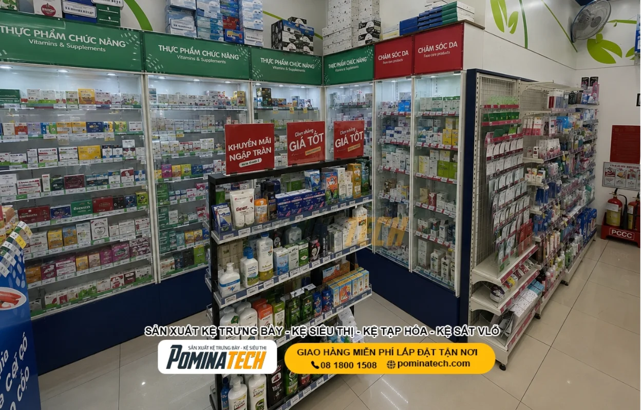 Kệ nhà thuốc áp tường nhiều tầng tiết kiệm diện tích