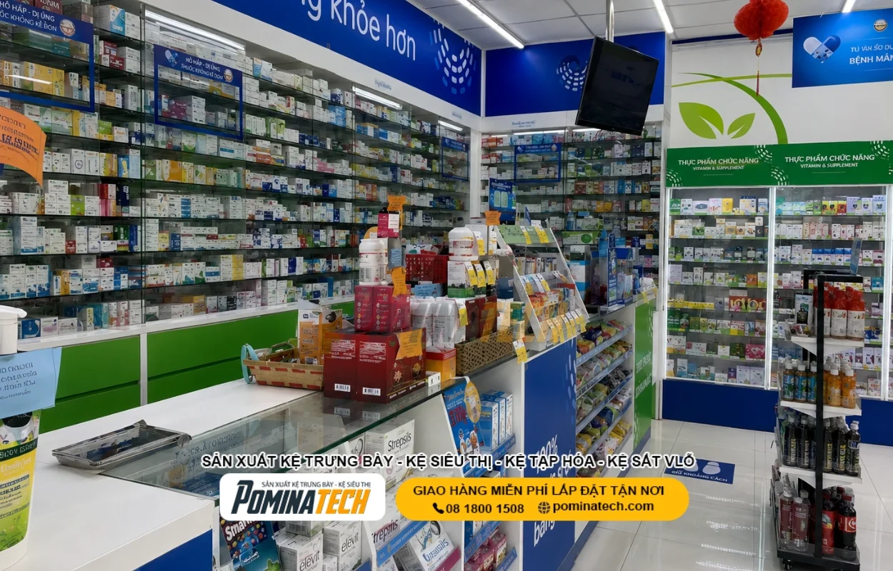 Kệ nhà thuốc đẹp hiện đại cho cửa hàng thuốc tây