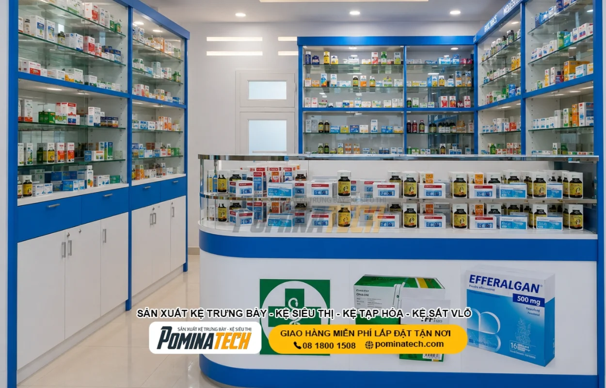 Kệ nhà thuốc nhiều tầng giúp phân loại sản phẩm gọn gàng