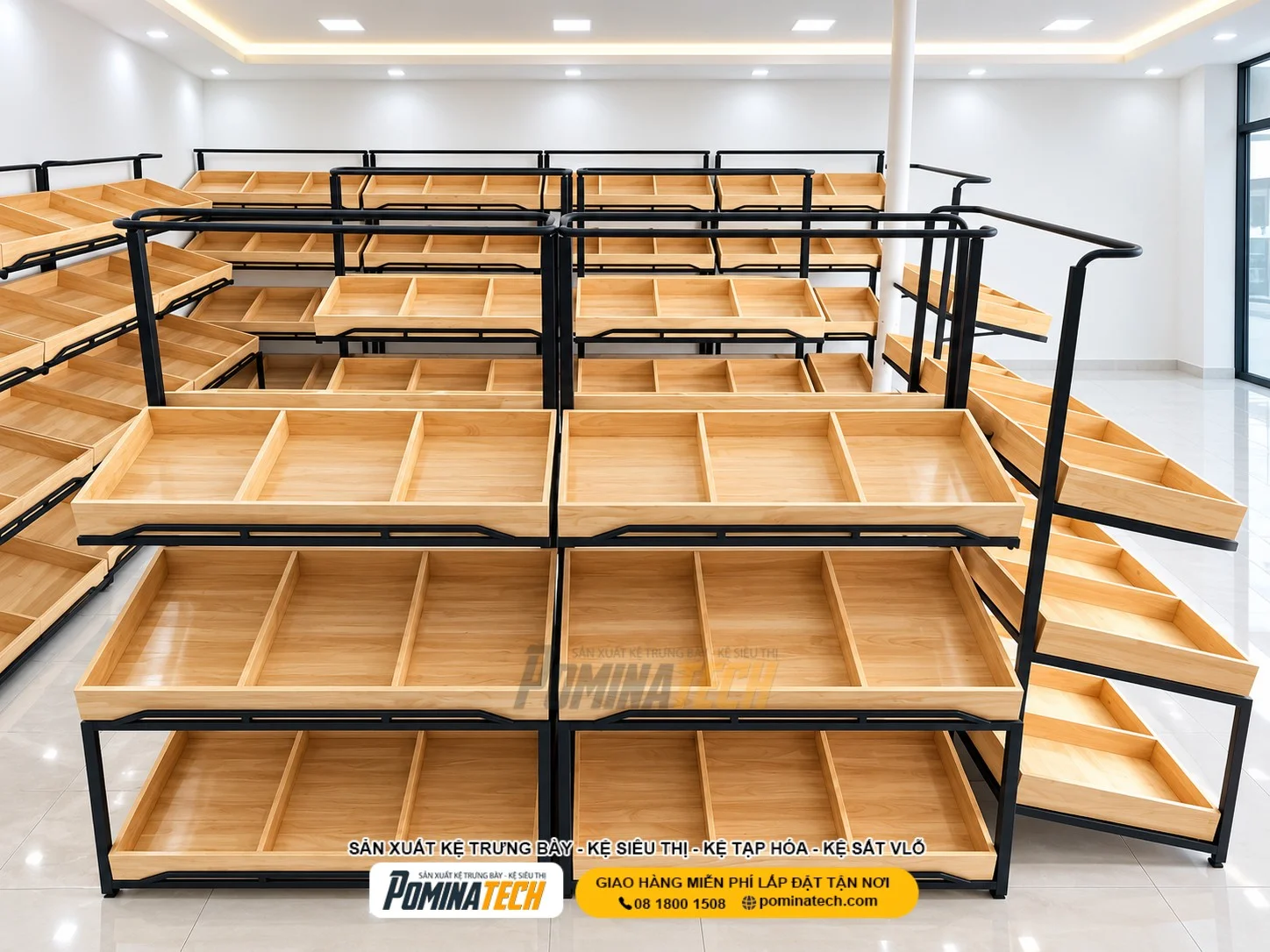 Kệ nhiều tầng trưng bày trái cây và rau củ tươi