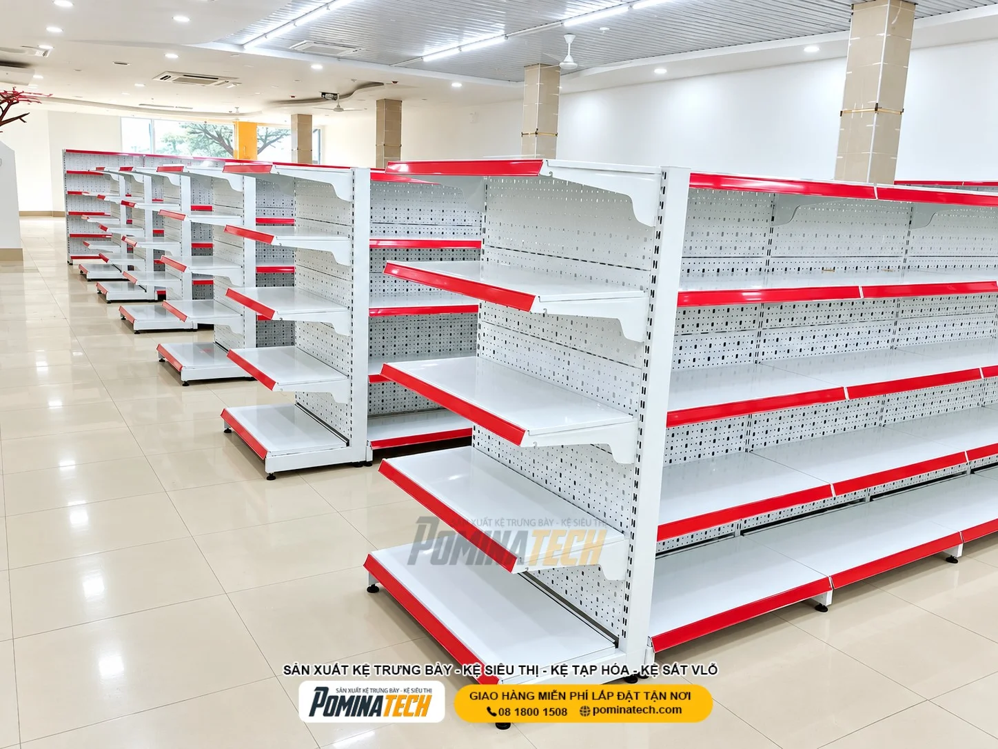 Kệ đôi siêu thị 5 tầng tận dụng hai mặt trưng bày hàng hóa tại khu vực trung tâm