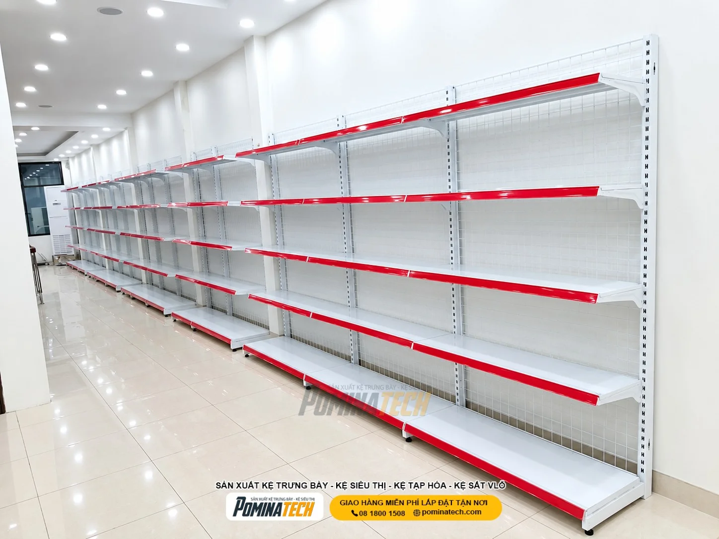 - Kệ đơn siêu thị lưng tôn liền thiết kế hiện đại tại Pominatech