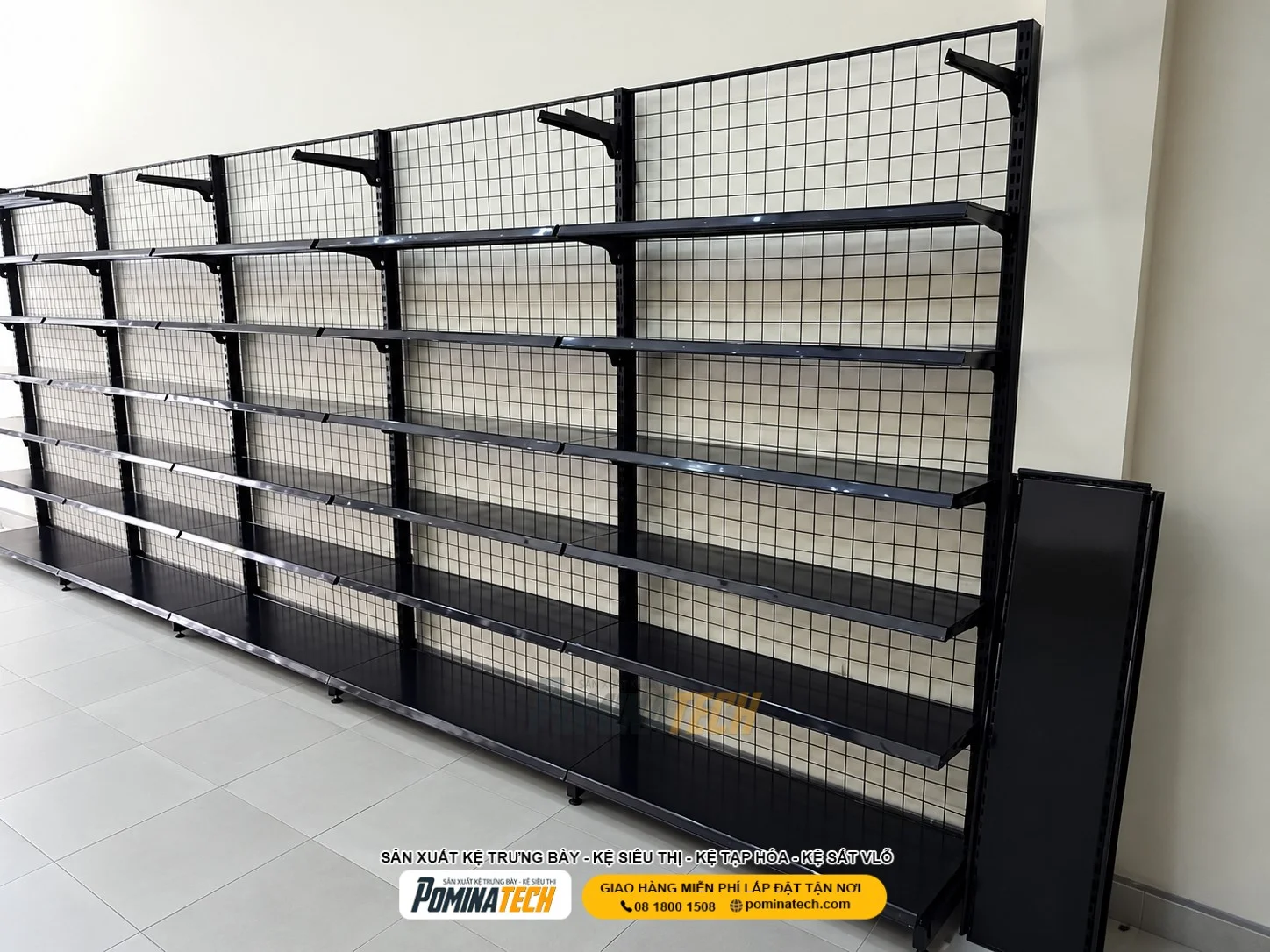 - Kệ đơn siêu thị Pominatech thiết kế nhiều tầng chắc chắn và thẩm mỹ