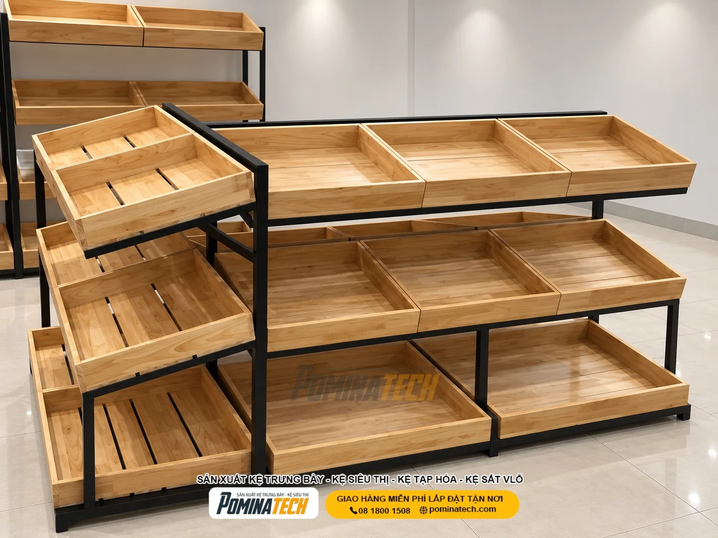 Kệ rau củ 3 tầng cho siêu thị giúp tận dụng chiều cao và tiết kiệm diện tích gian hàng