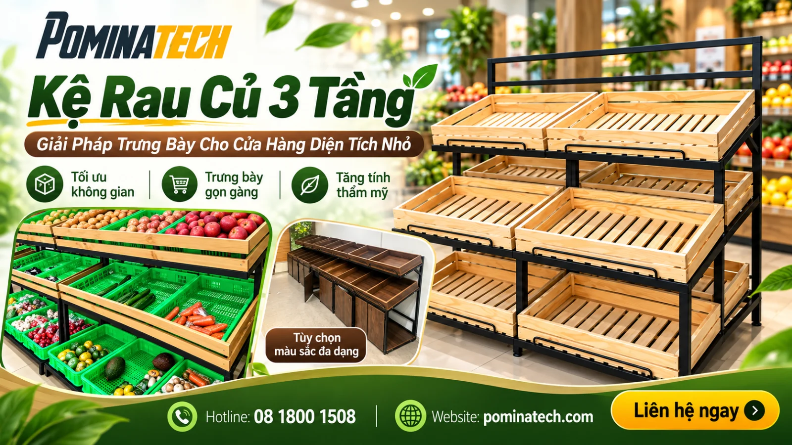 Kệ rau củ 3 tầng khay gỗ tự nhiên bố trí theo từng ngăn