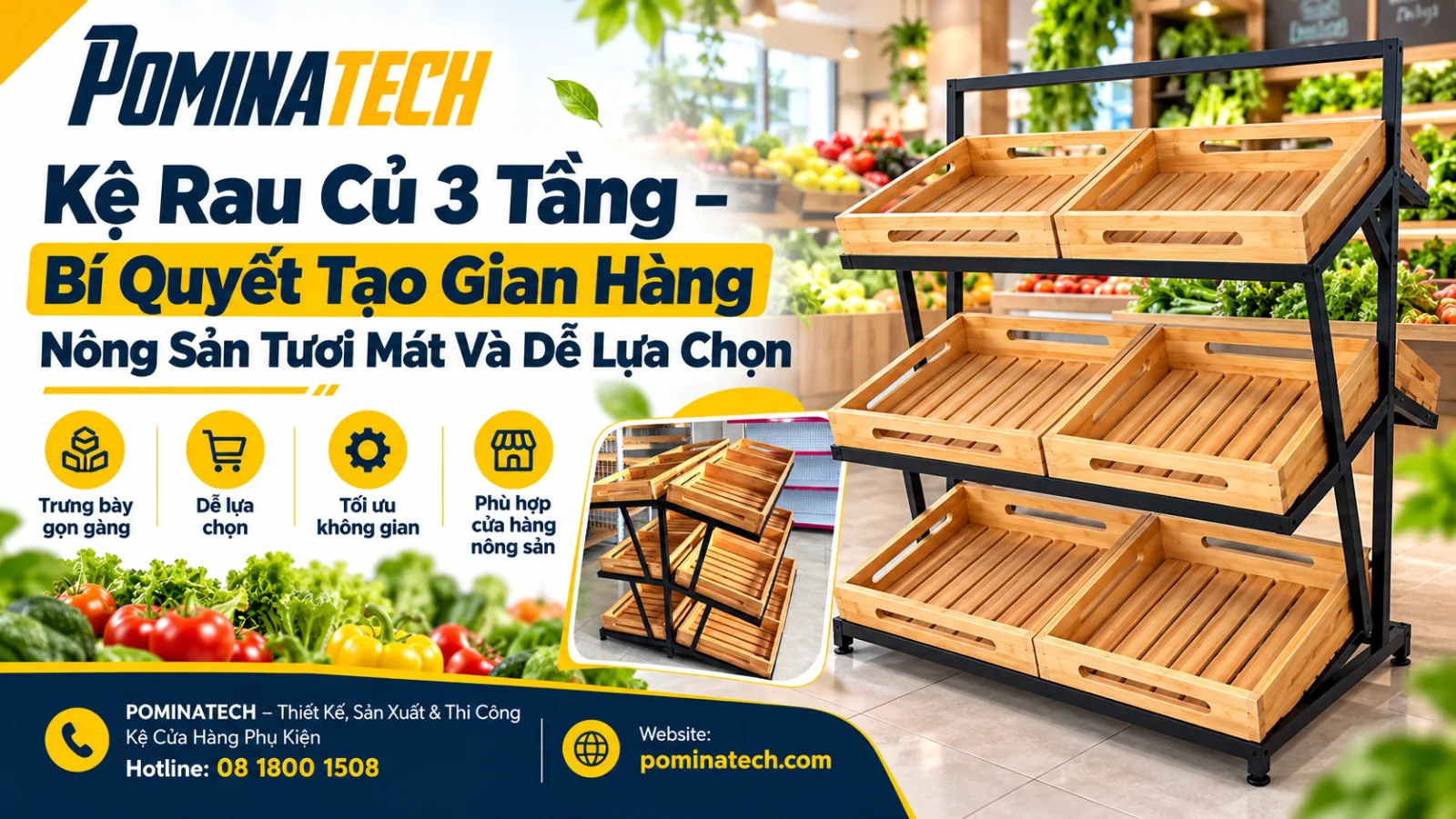 Kệ rau củ 3 tầng Pominatech giúp gian hàng nông sản gọn gàng và tươi mát