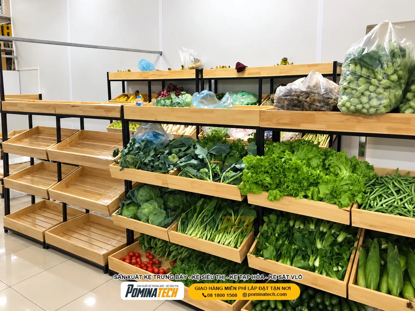 Kệ rau củ 3 tầng Pominatech kết hợp khay chứa giúp sắp xếp nông sản ngăn nắp