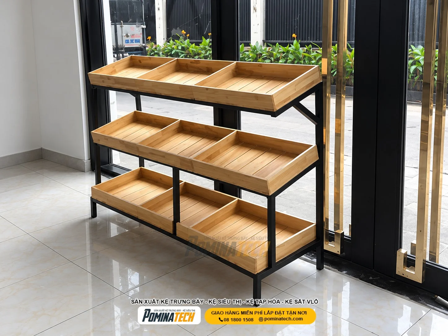 Kệ rau củ 3 tầng thiết kế phân tầng khoa học giúp khách hàng dễ lựa chọn nông sản