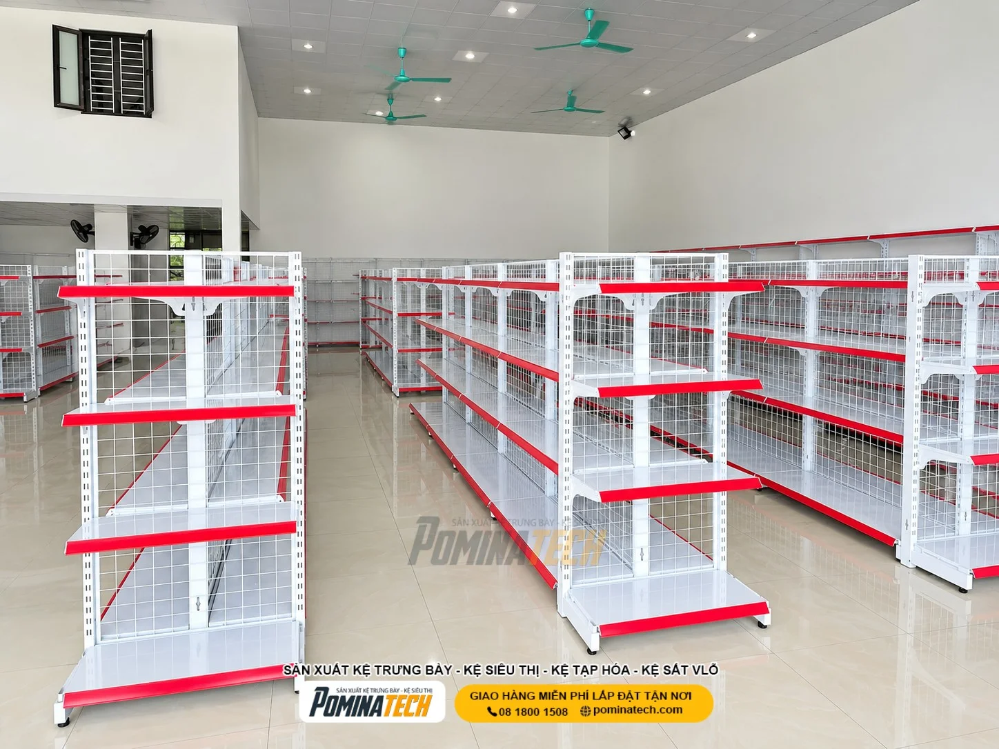 Kệ siêu thị 4 tầng Pominatech giúp tối ưu diện tích và hạn chế che khuất tầm nhìn