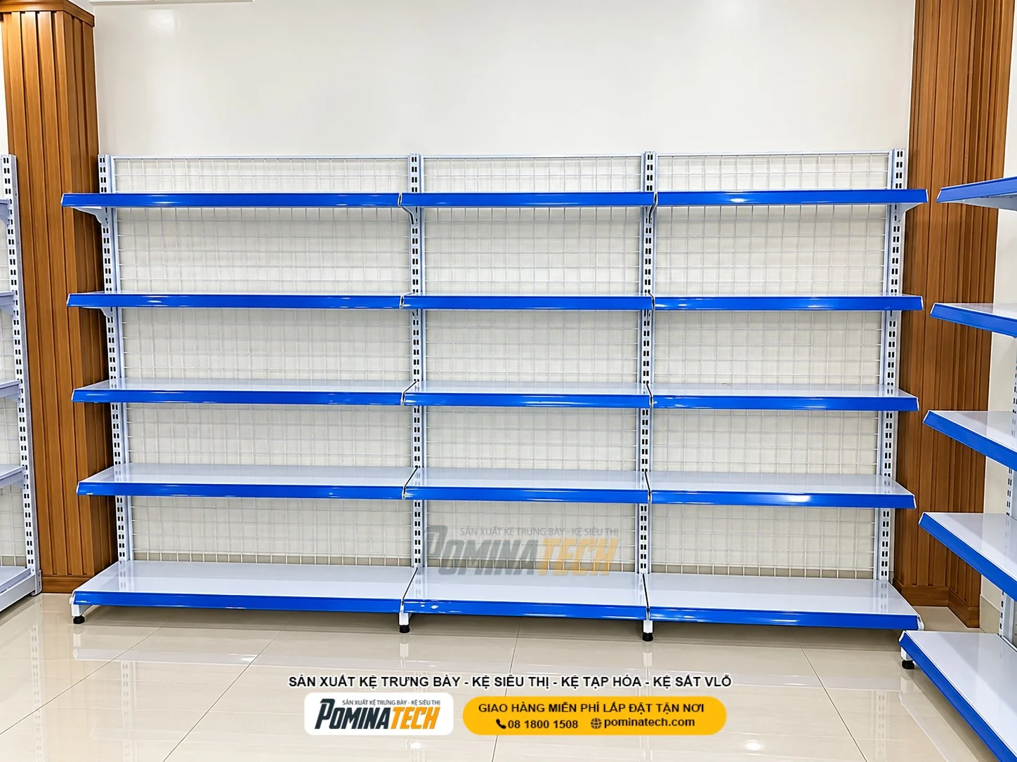Kệ siêu thị 5 tầng Pominatech bố trí khoa học giúp tiết kiệm diện tích kinh doanh