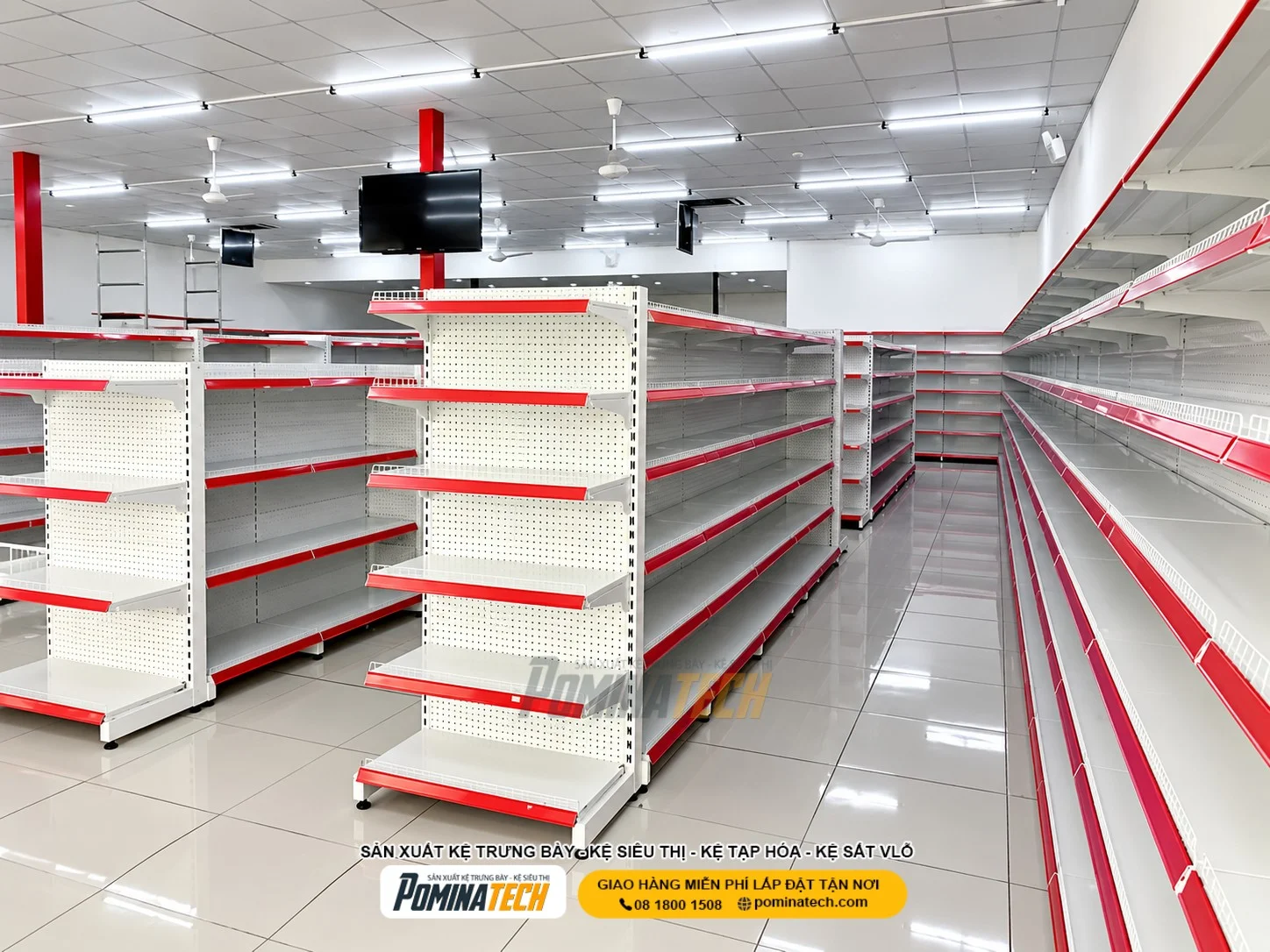 Kệ siêu thị 6 tầng Pominatech phù hợp trưng bày bánh kẹo và hàng tiêu dùng