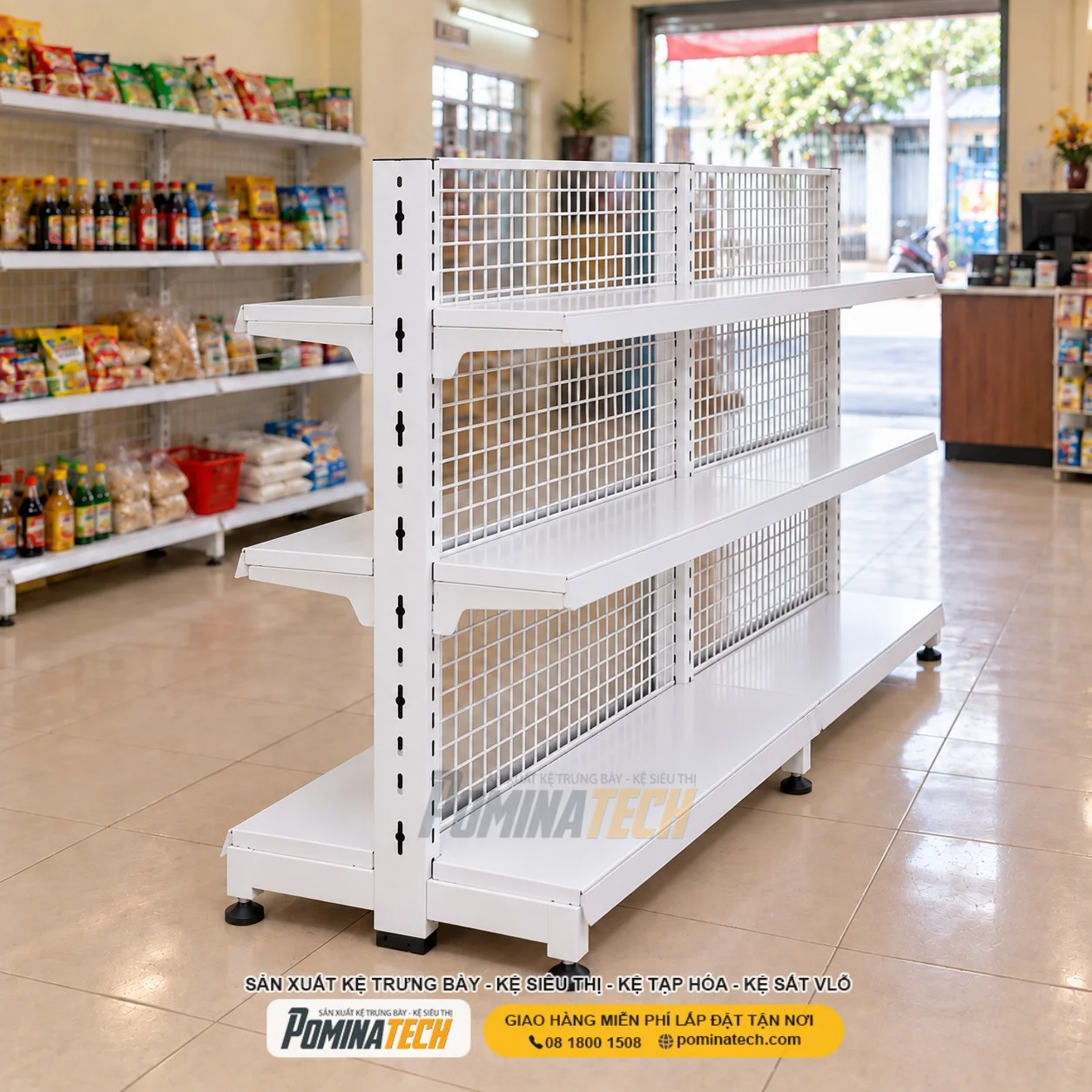 Kệ Siêu Thị Giá Rẻ Lưng Lưới 3 Tầng – Phù Hợp Cửa Hàng Tạp Hóa