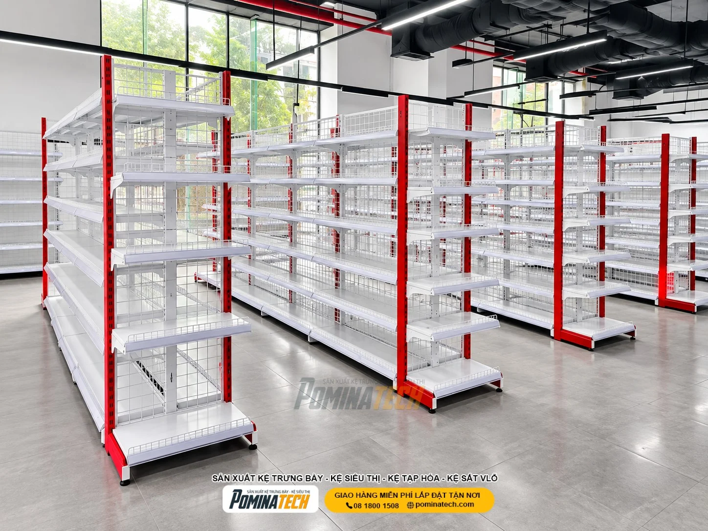 - Kệ siêu thị hai mặt độc lập lưng tôn liền giúp phân chia các khu vực trưng bày.