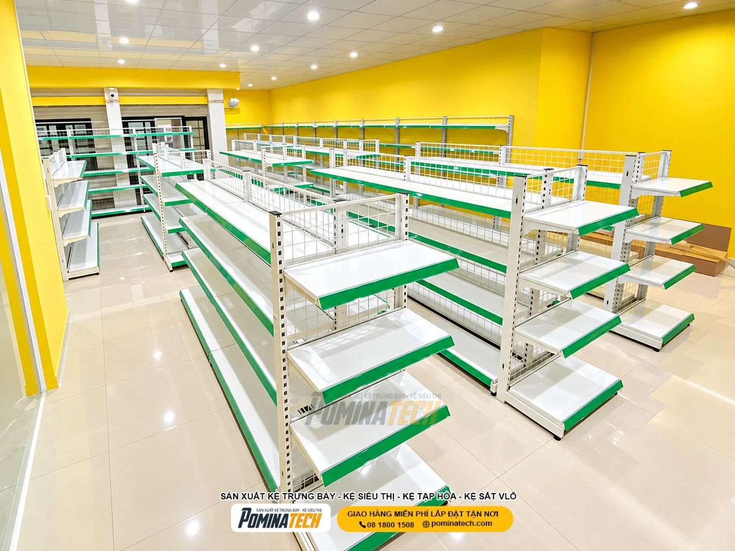 - Kệ siêu thị hai mặt độc lập lưng tôn lỗ kết hợp móc treo phụ kiện tiện lợi.