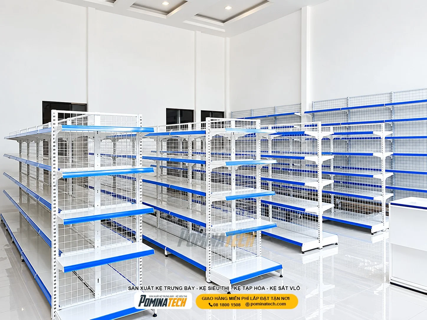 - Kệ siêu thị hai mặt độc lập Pominatech với thiết kế linh hoạt theo diện tích cửa hàng.