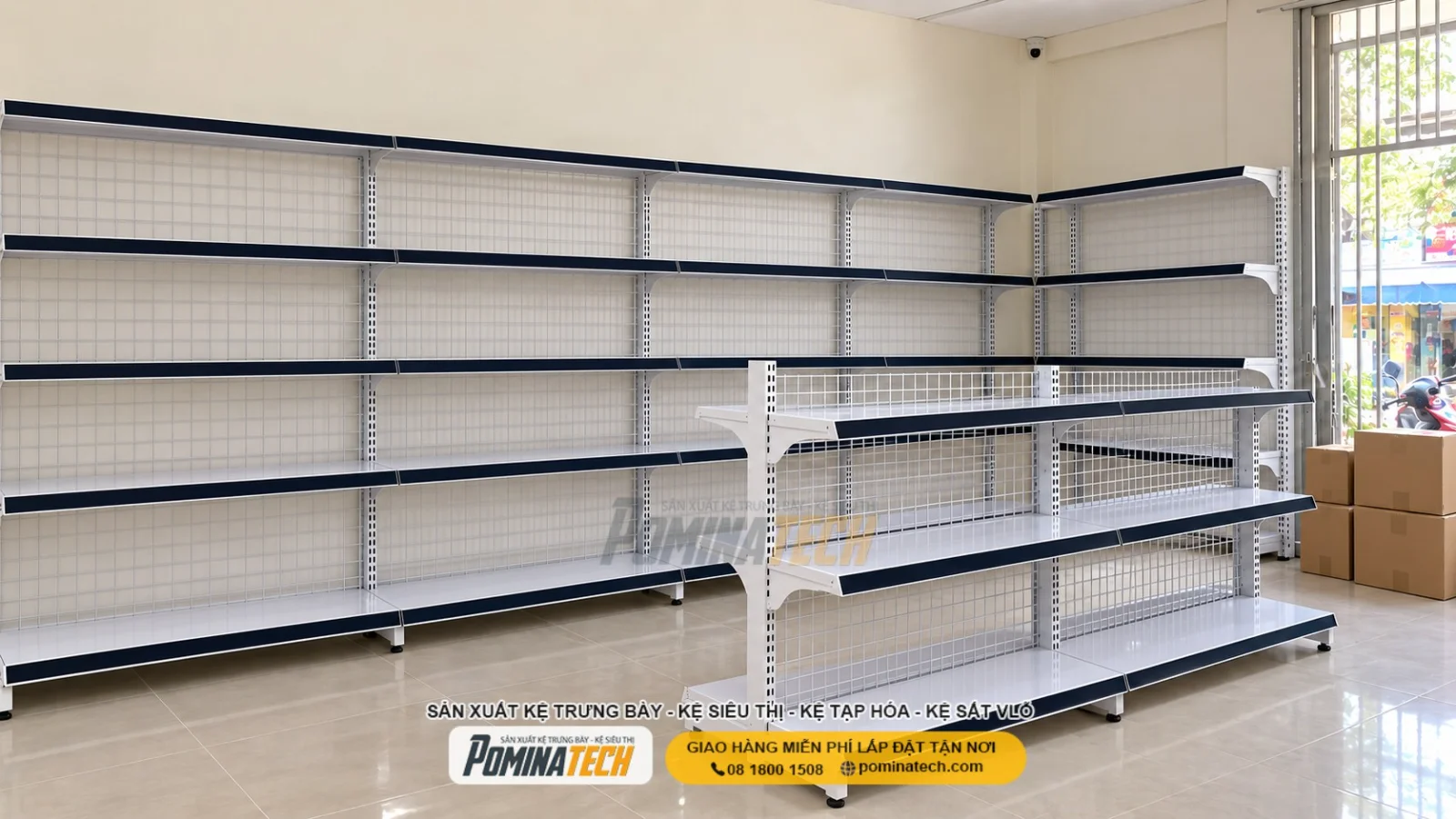 Kệ Siêu Thị Kệ Đôi Lưng Lưới 3 Tầng – Giải Pháp Trưng Bày Gọn Gàng Cho Cửa Hàng