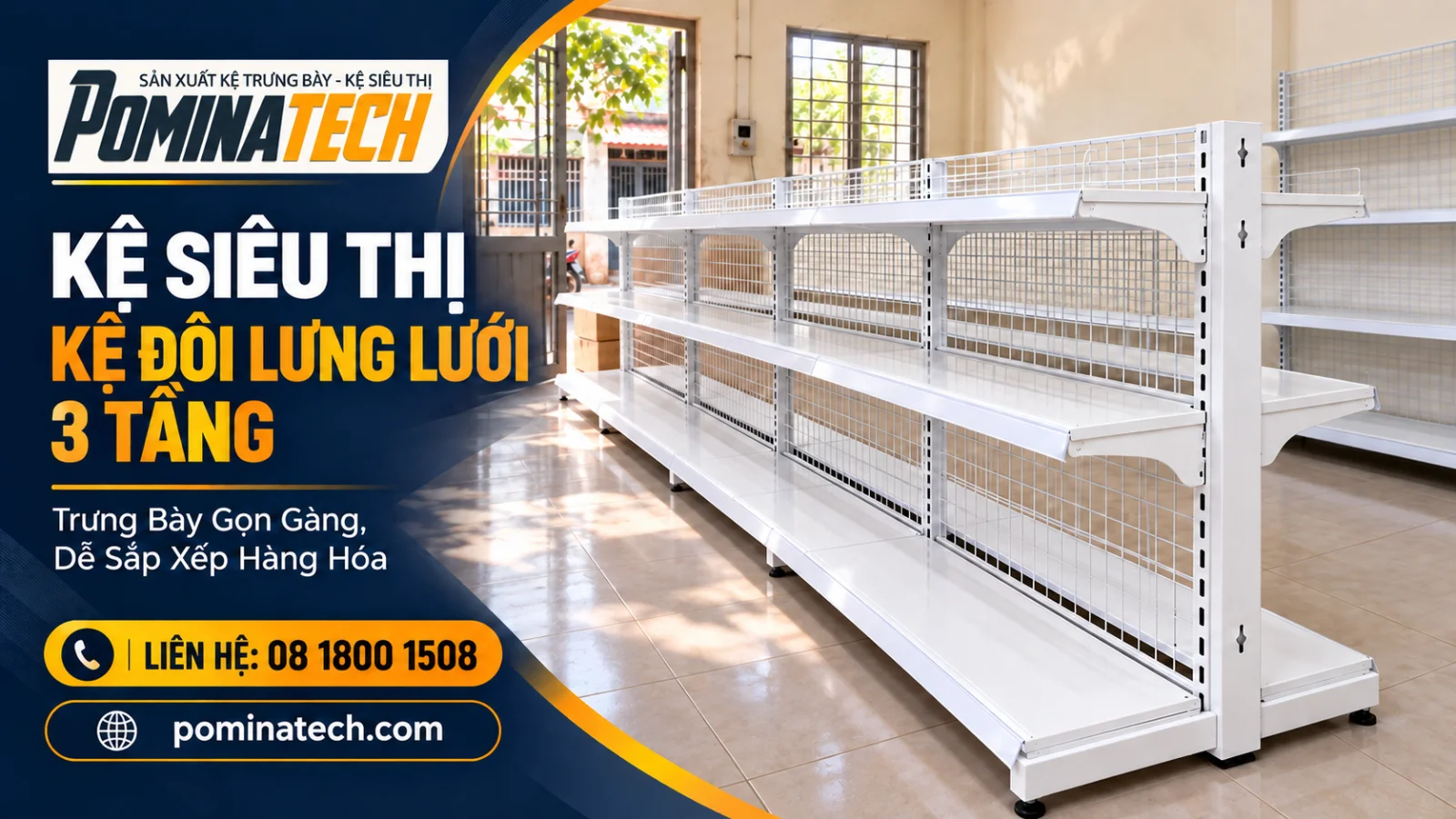 Kệ Siêu Thị Kệ Đôi Lưng Lưới 3 Tầng – Không Gian Gọn Gàng, Thông Thoáng