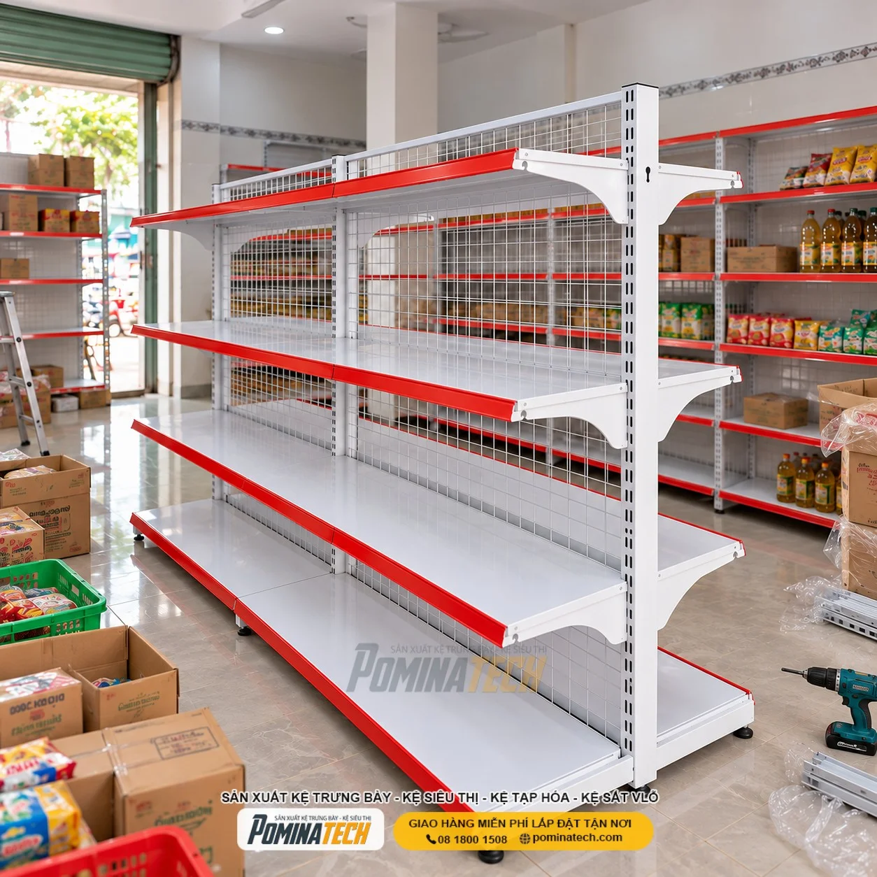 Kệ Siêu Thị Kệ Đôi Lưng Lưới 4 Tầng – Giải Pháp Trưng Bày Cho Siêu Thị Mini