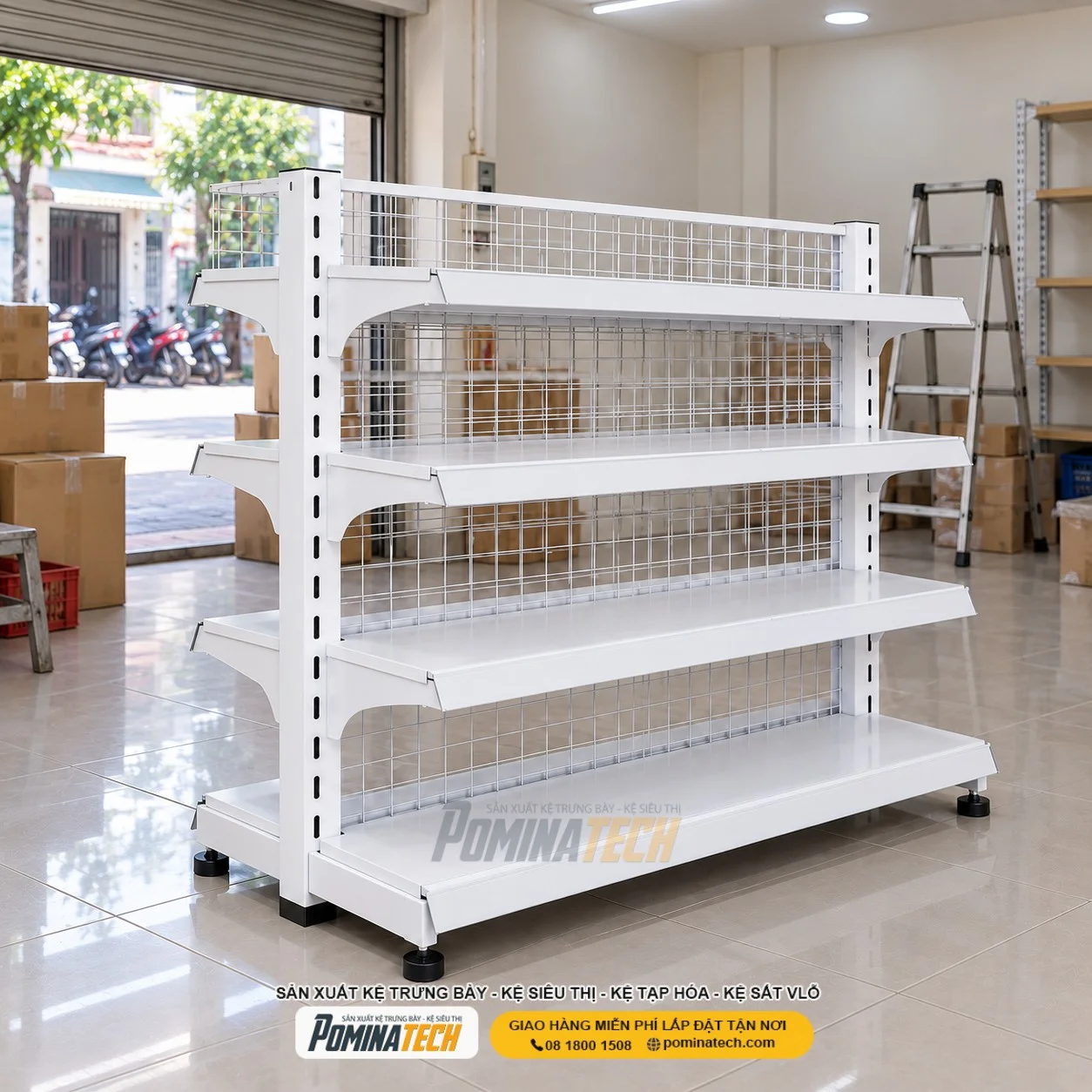 Kệ Siêu Thị Kệ Đôi Lưng Lưới 4 Tầng – Tối Ưu Trưng Bày, Nâng Tầm Không Gian Bán Lẻ