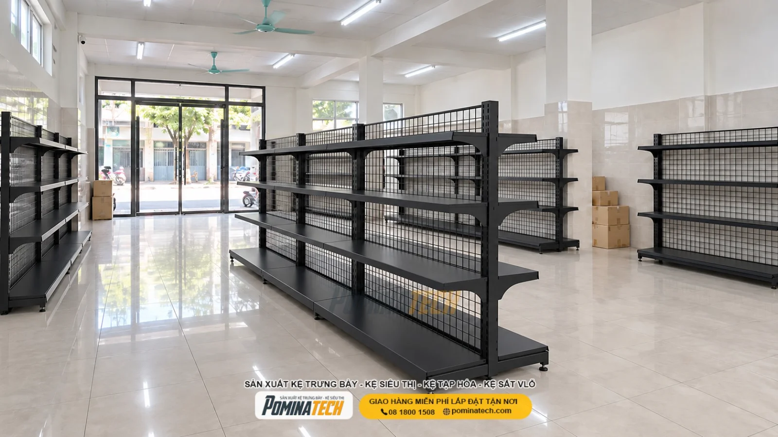 Kệ Siêu Thị Kệ Đôi Lưng Lưới 4 Tầng – Trưng Bày Hai Mặt, Tiết Kiệm Diện Tích