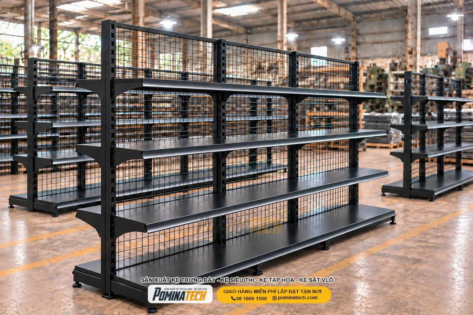 Kệ Siêu Thị Kệ Đôi Lưng Lưới 4 Tầng – Trưng Bày Hai Mặt, Tiết Kiệm Diện Tích