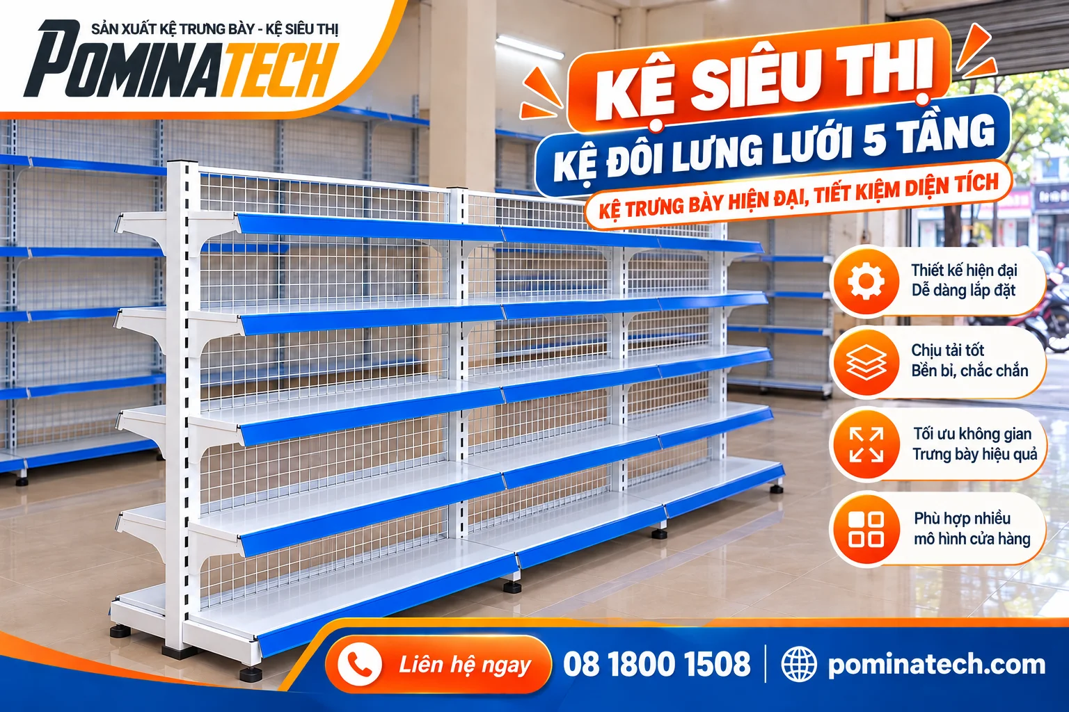 Kệ Siêu Thị Kệ Đôi Lưng Lưới 5 Tầng – Tối Ưu Không Gian Bán Hàng Hiệu Quả