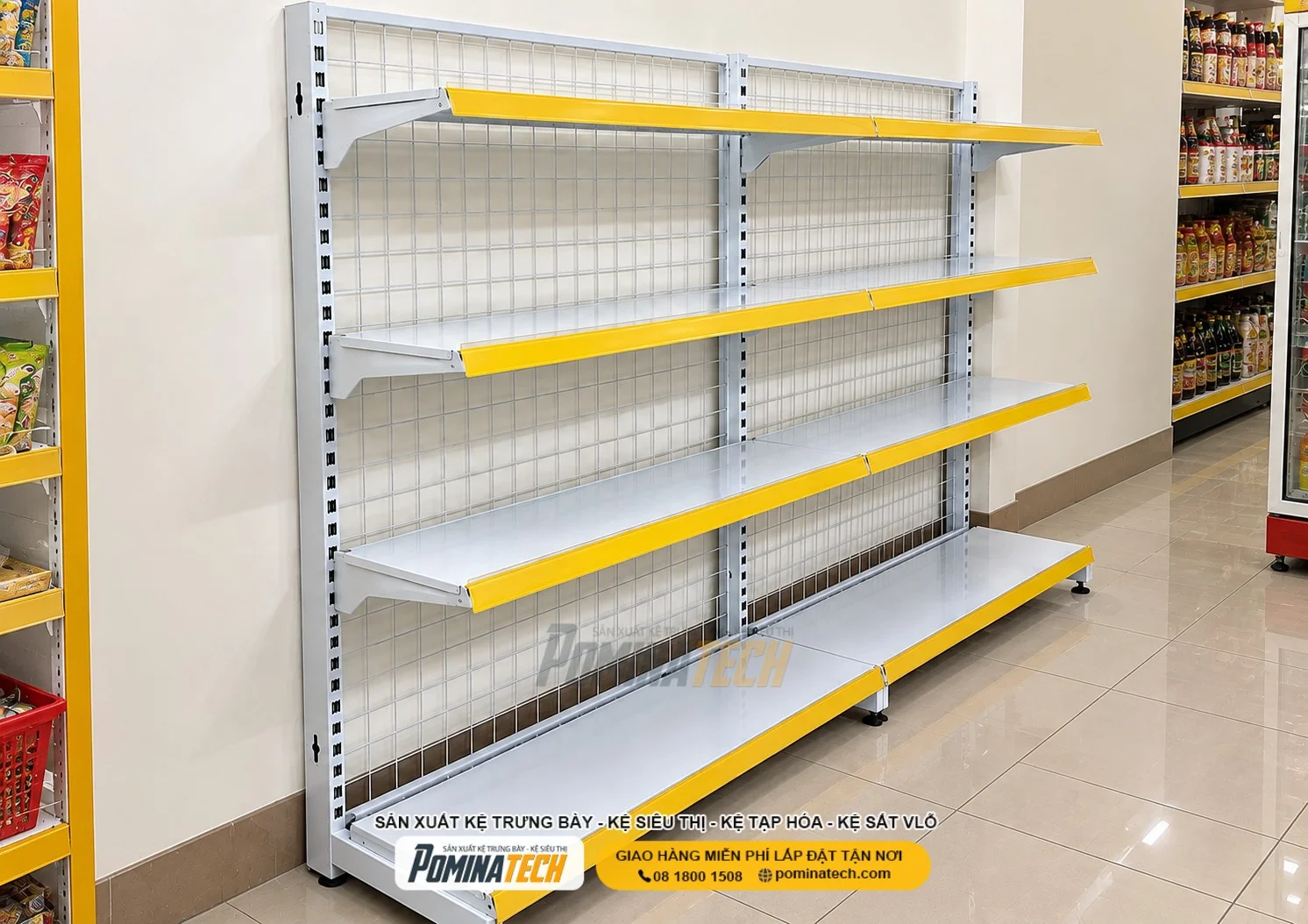 Kệ Siêu Thị Kệ Đơn Lưng Lưới 4 Tầng – Chắc Chắn, Bền Đẹp Cho Cửa Hàng Tạp Hóa