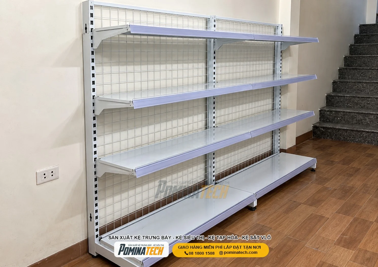 Kệ Siêu Thị Kệ Đơn Lưng Lưới 4 Tầng – Chắc Chắn, Bền Đẹp Cho Cửa Hàng Tạp Hóa