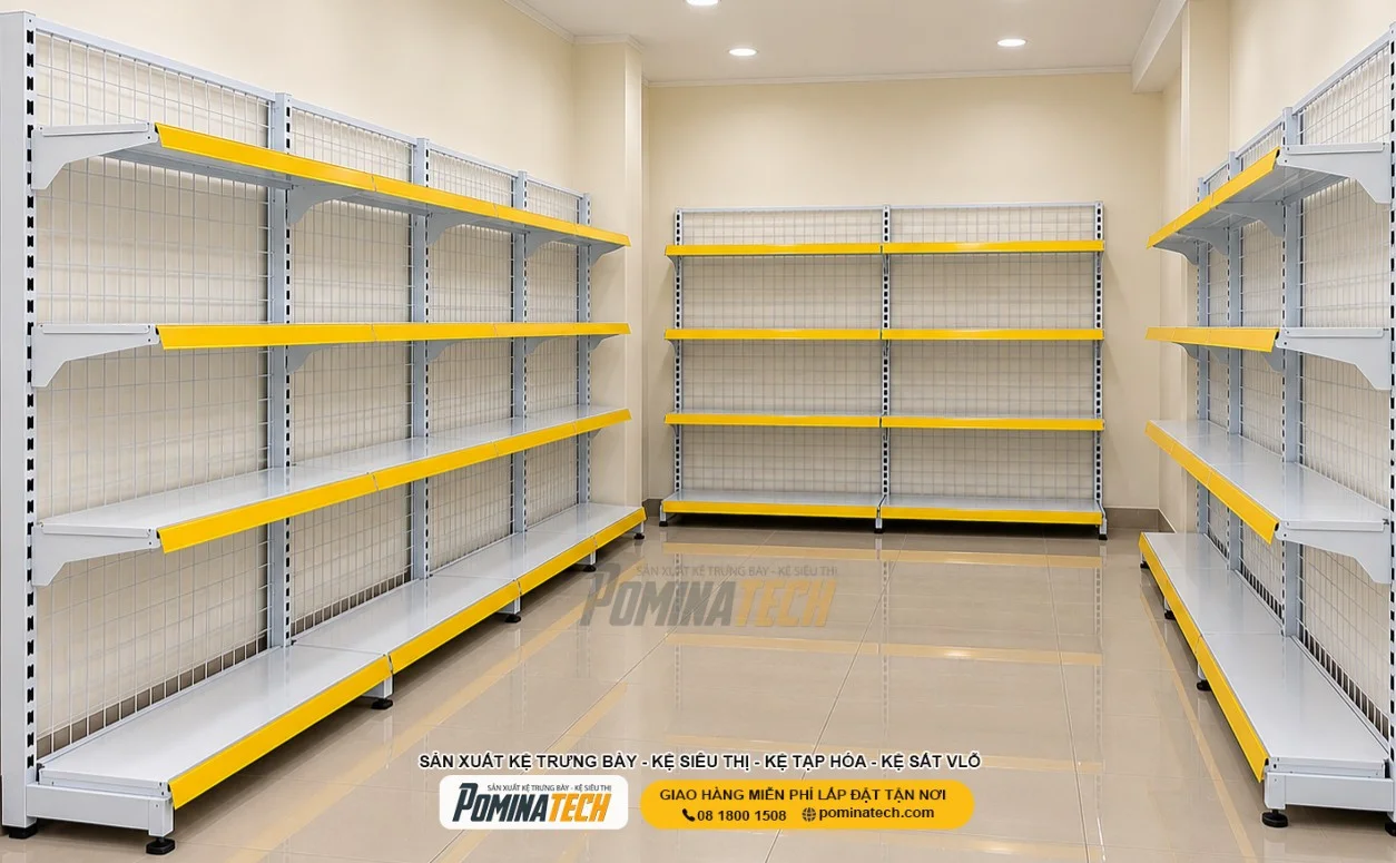 Kệ Siêu Thị Kệ Đơn Lưng Lưới 4 Tầng – Giá Xưởng Tốt, Dễ Lắp Đặt