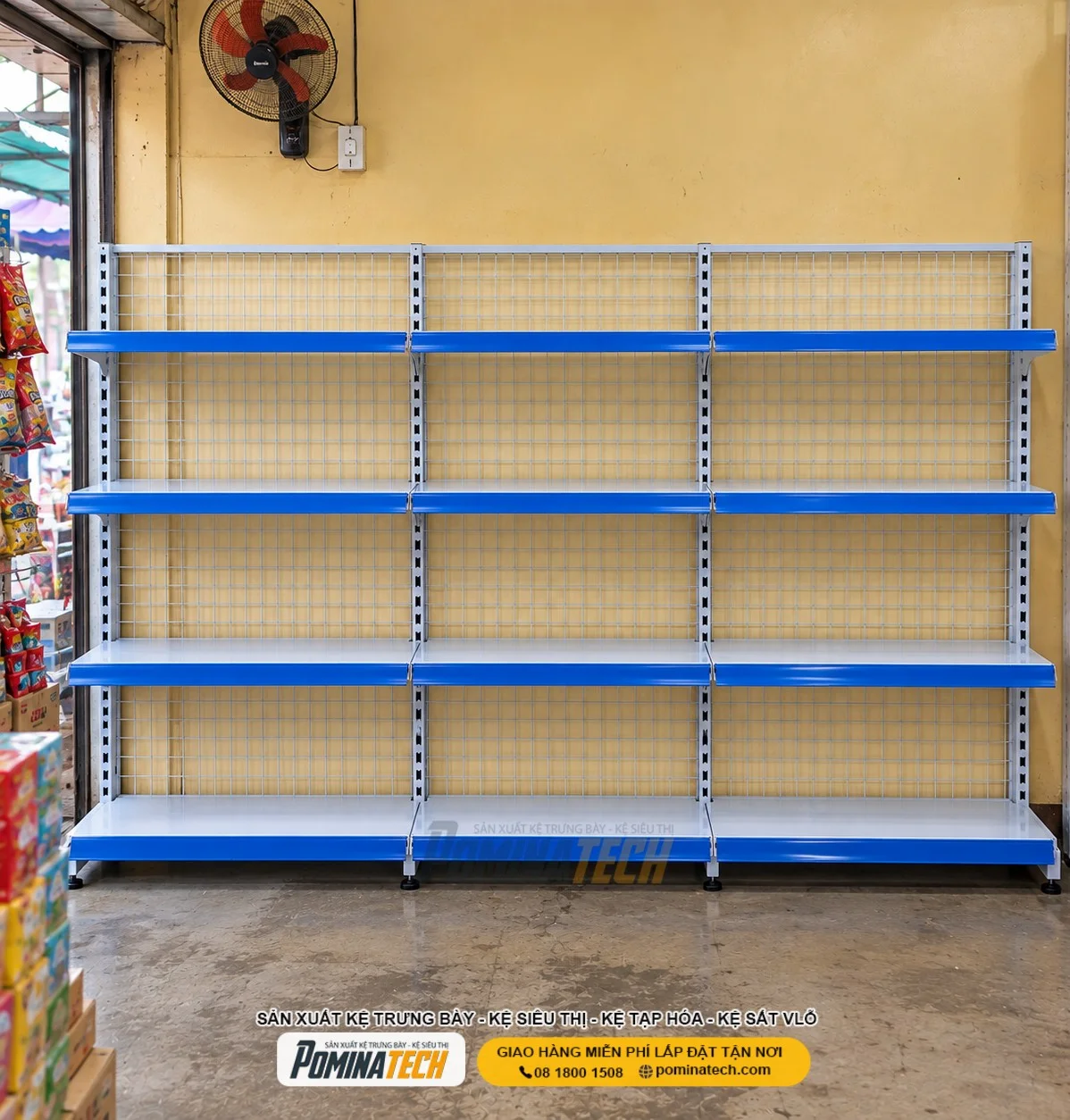 Kệ Siêu Thị Kệ Đơn Lưng Lưới 4 Tầng – Giải Pháp Trưng Bày Cho Cửa Hàng Nhỏ