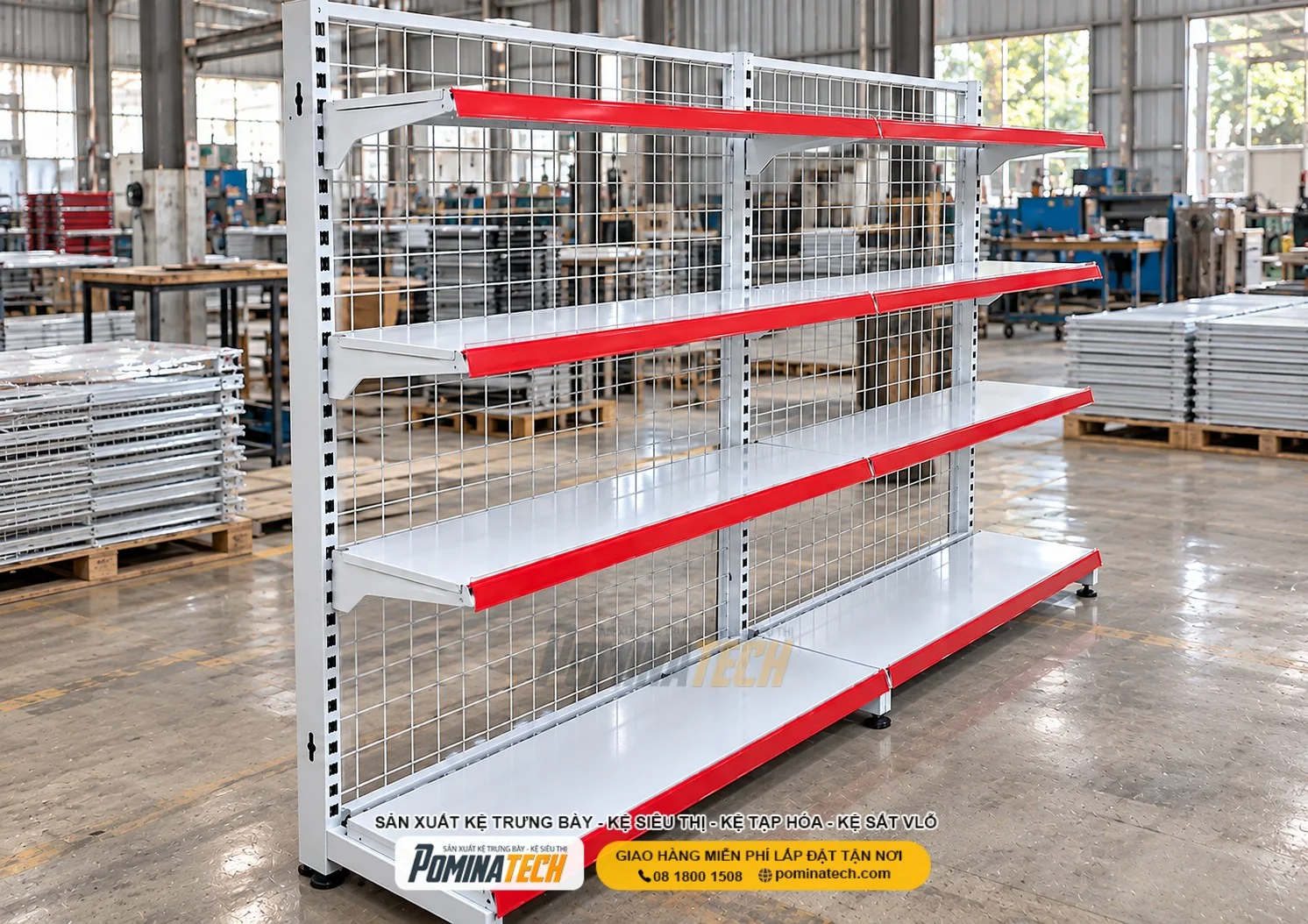 Kệ Siêu Thị Kệ Đơn Lưng Lưới 4 Tầng – Kết Cấu Vững Chắc, Sử Dụng Lâu Dài