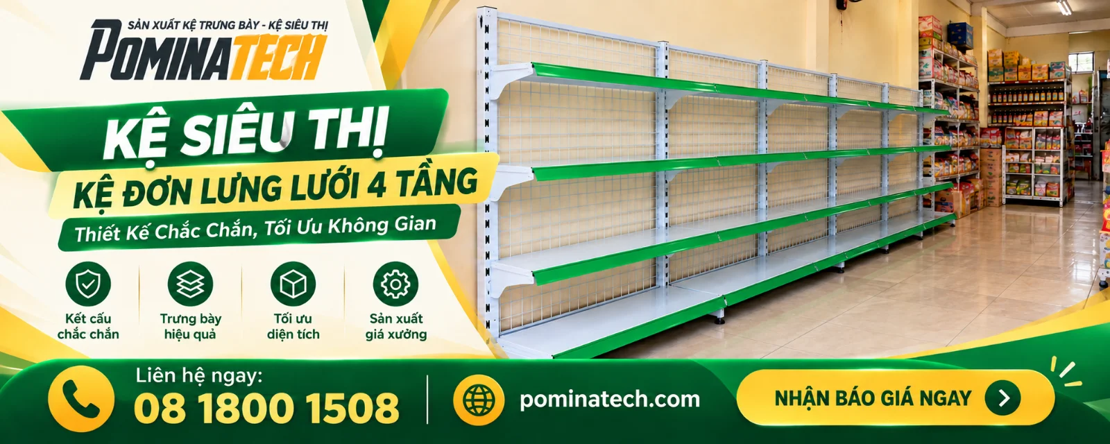 Kệ Siêu Thị Kệ Đơn Lưng Lưới 4 Tầng – Phù Hợp Siêu Thị Mini Và Minimart