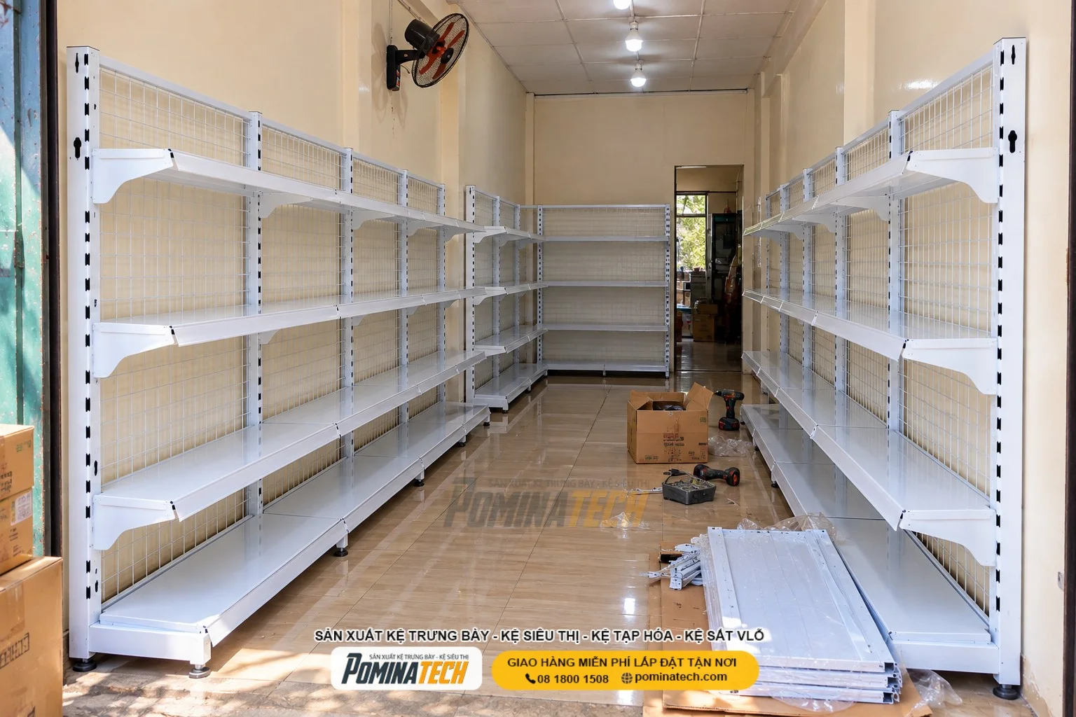 Kệ Siêu Thị Kệ Đơn Lưng Lưới 4 Tầng – Thiết Kế Gọn Gàng, Trưng Bày Đẹp