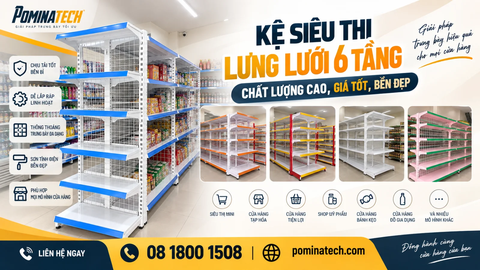 Kệ Siêu Thị Lưng Lưới 6 Tầng - Chất Lượng Cao, Giá Tốt