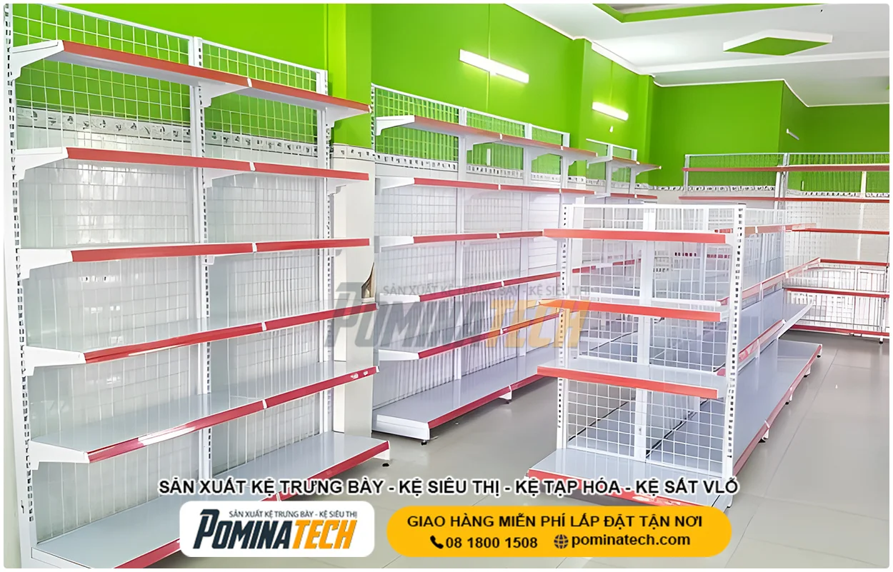Kệ siêu thị lưng lưới đơn đôi cho siêu thị mini